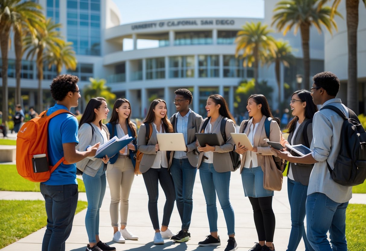 A diverse group of university students studying and talking together outdoors on a sunny campus with modern buildings and palm trees in the background.