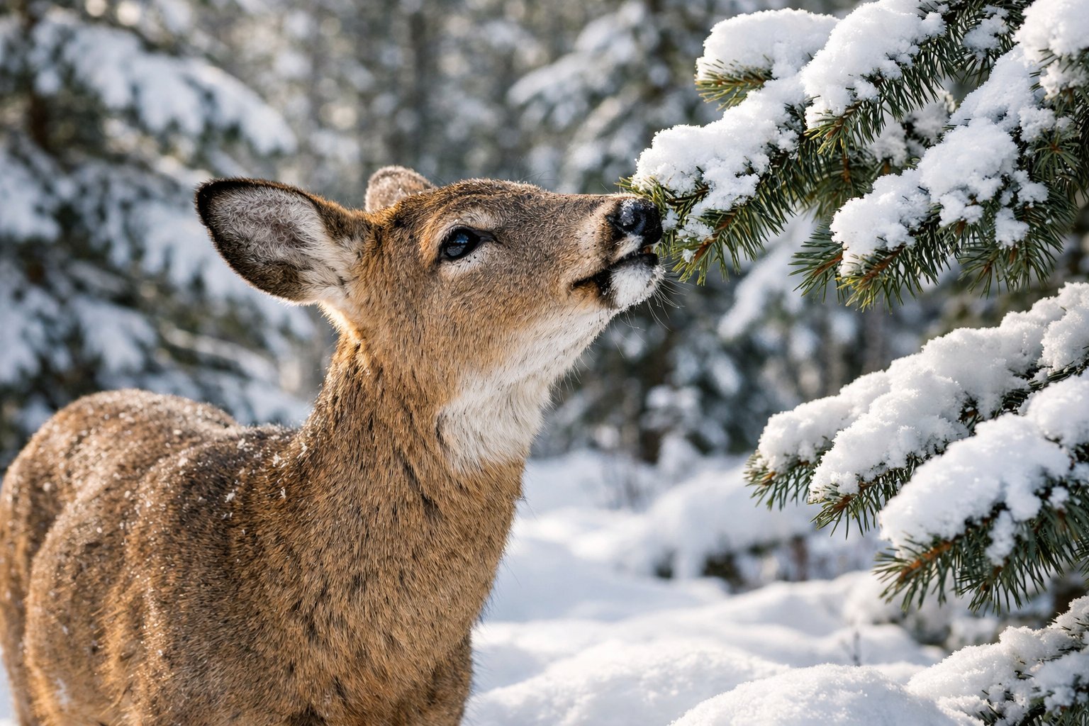 A deer eating snow-covered evergreen branches in a snowy forest.