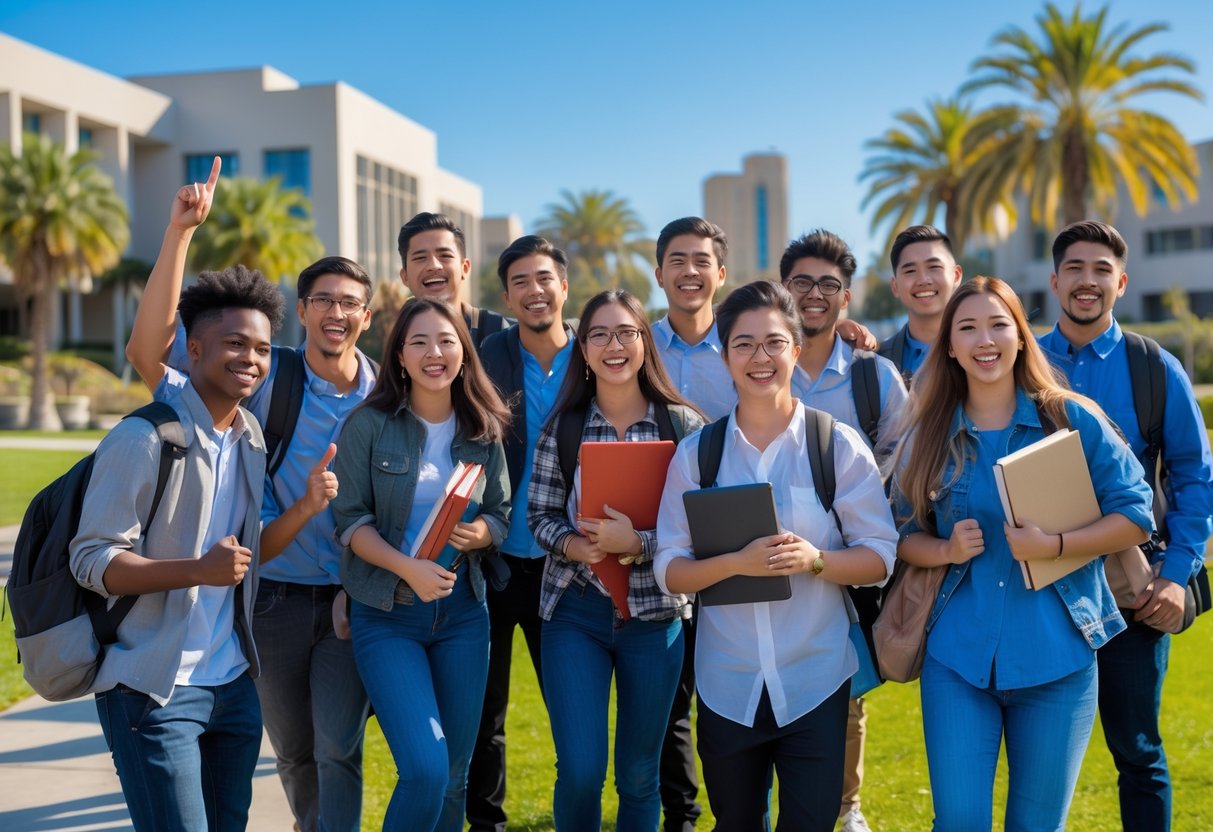 A diverse group of university students smiling and celebrating outdoors on a sunny university campus with modern buildings and palm trees in the background.