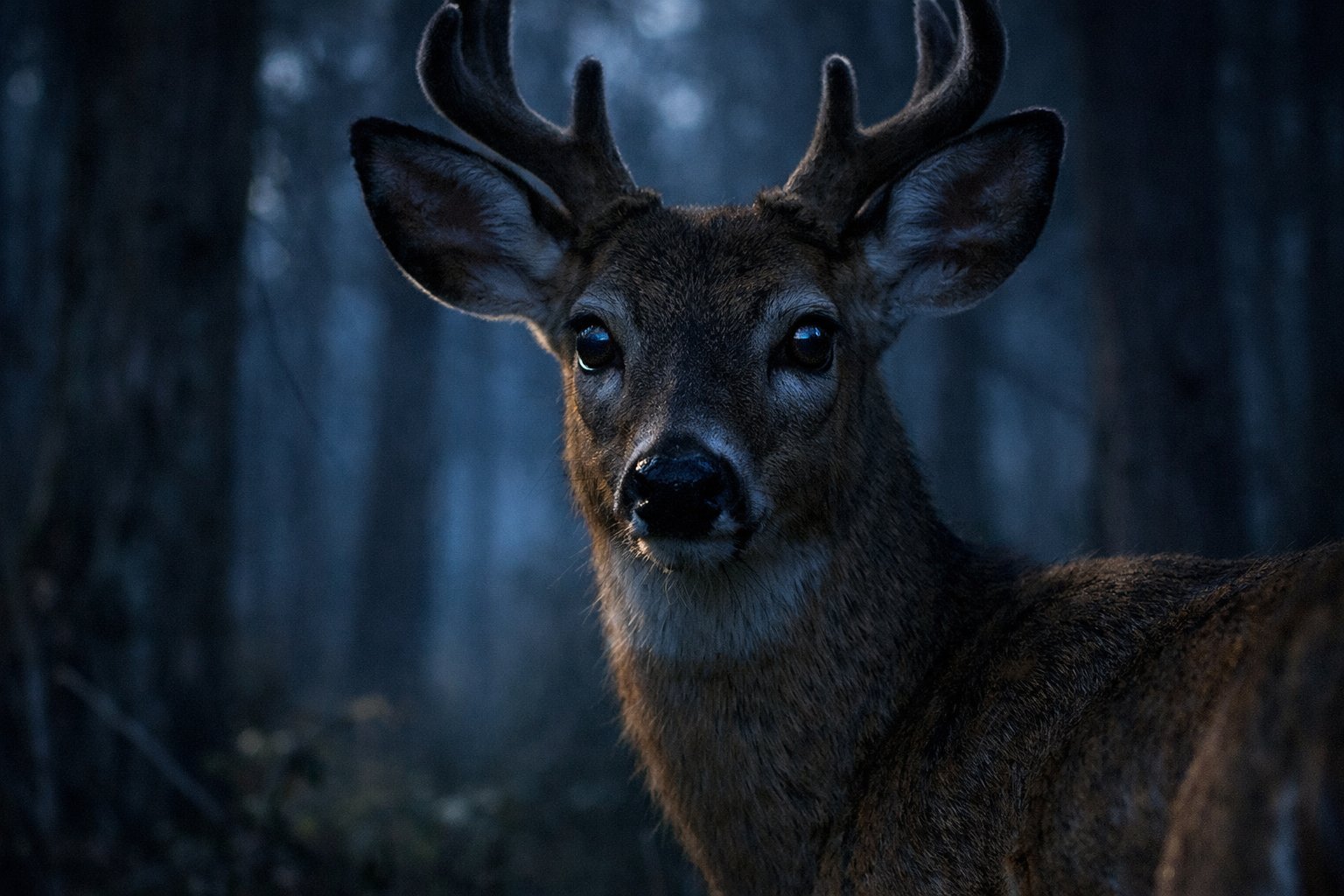 A deer standing in a dim forest at dusk with glowing eyes reflecting moonlight.