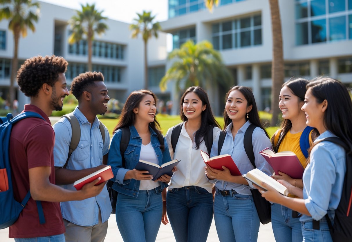 A diverse group of university students smiling and talking outdoors on a sunny day at a university campus.