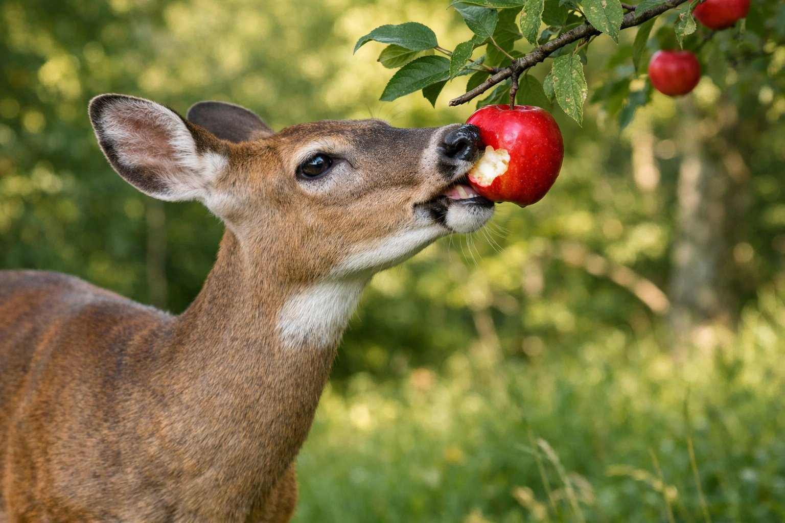 A deer eating a red apple from a tree branch in a forest clearing.