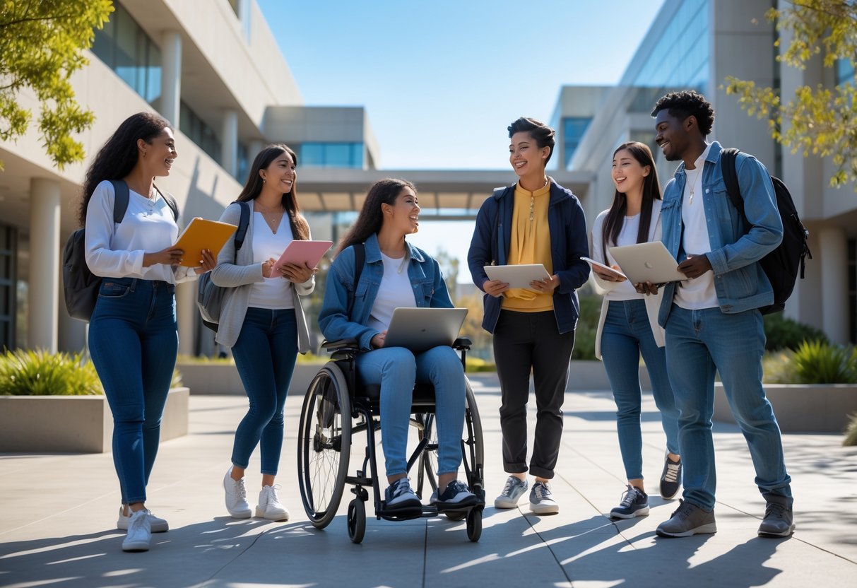 A diverse group of students with disabilities studying and interacting on a university campus outdoors.