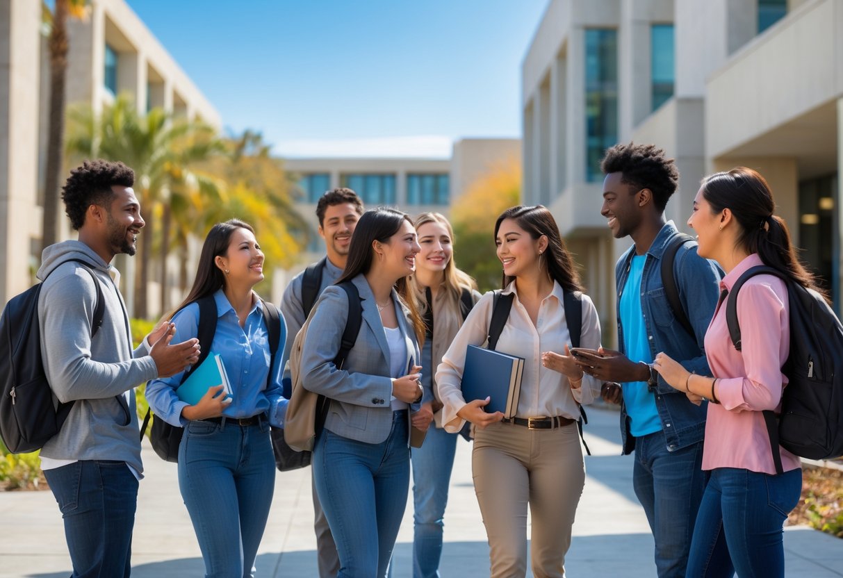A group of diverse university students talking and smiling outdoors on a sunny university campus.