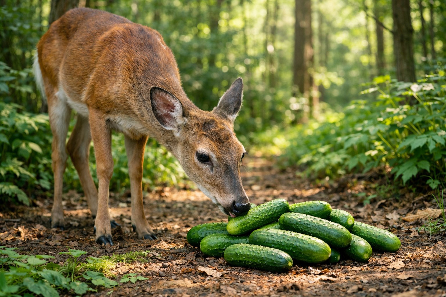 A deer in a forest clearing sniffing or nibbling on cucumbers on the ground.