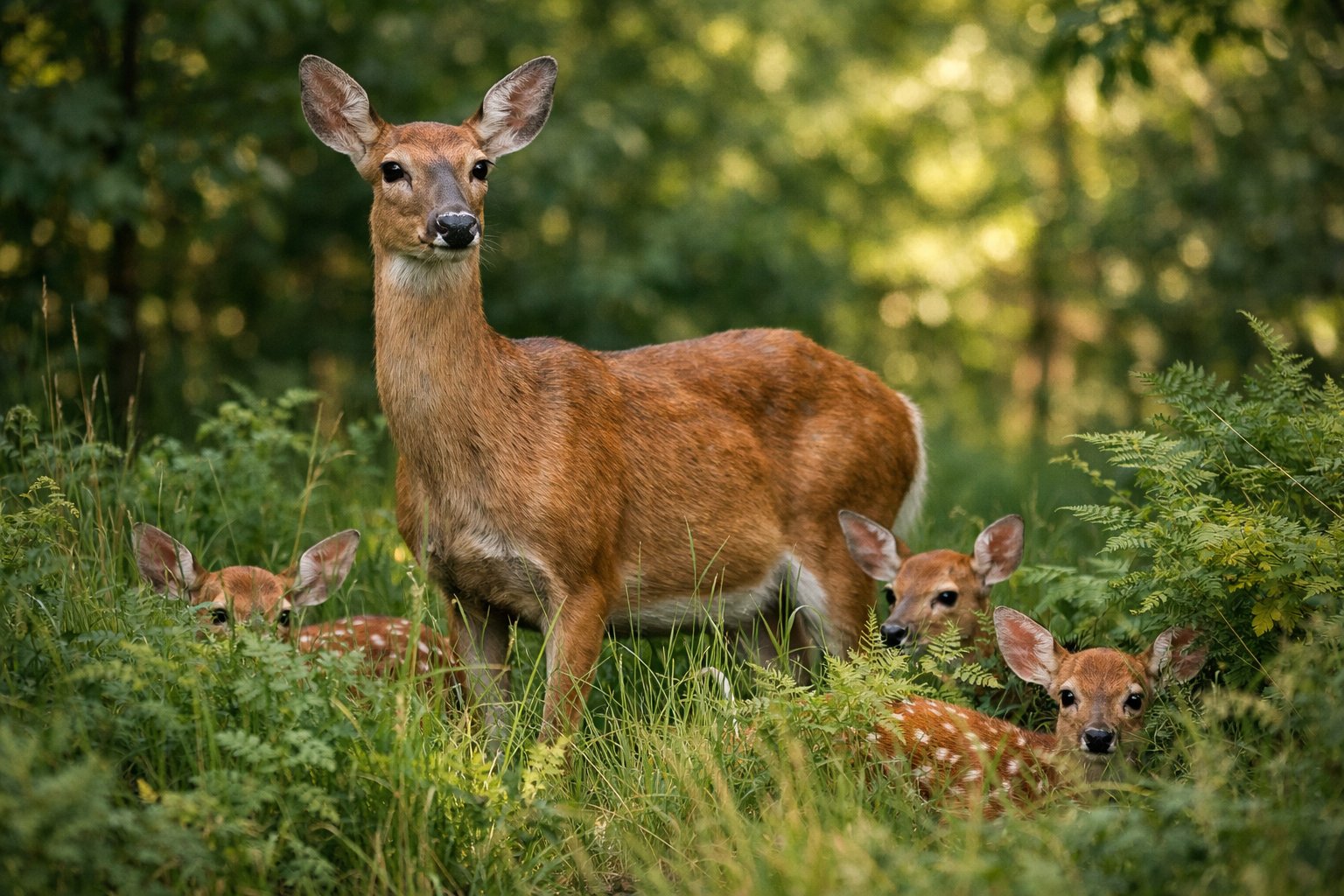 A group of deer in a forest with an alert adult deer watching while young fawns hide among tall grass and bushes.
