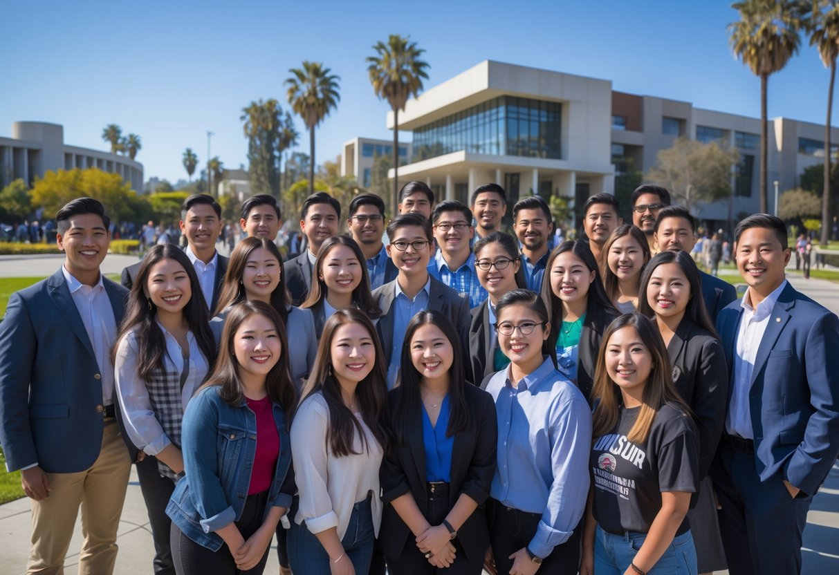 A diverse group of smiling university students and community leaders gathered outdoors on a sunny day at a university campus.