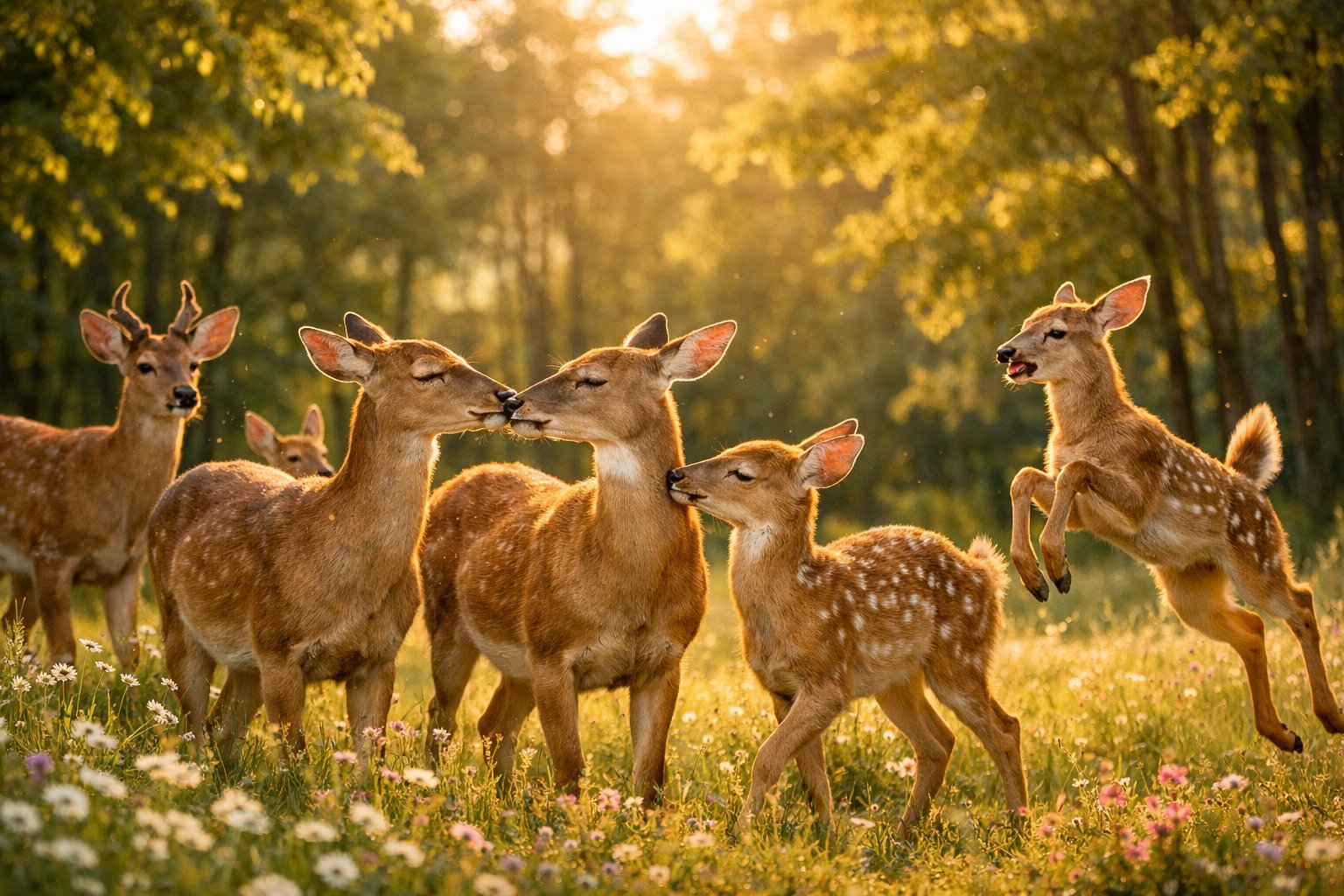 A group of happy deer nuzzling and playfully leaping in a sunlit forest clearing surrounded by green trees and wildflowers.