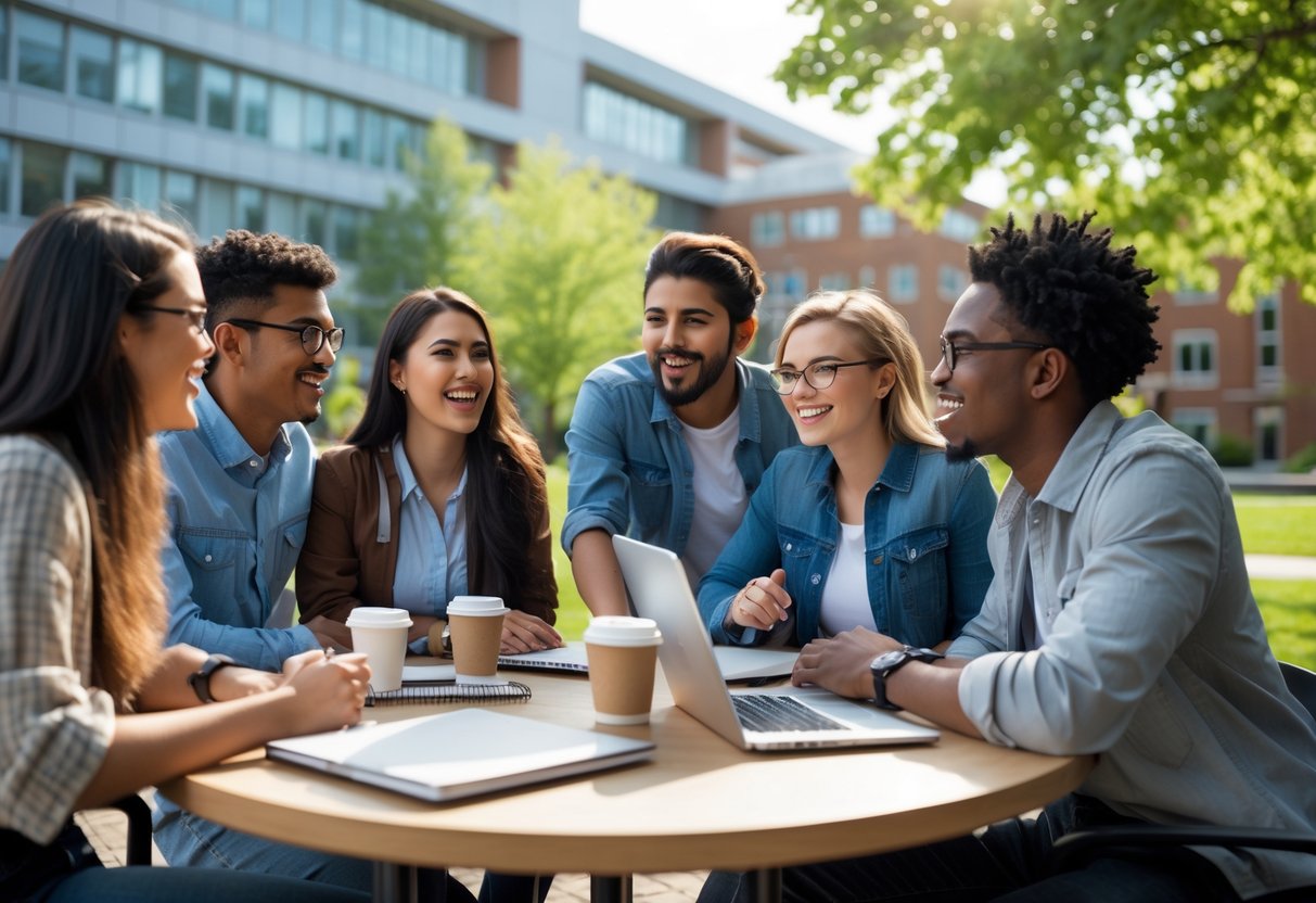 A diverse group of university students talking and studying together outdoors on a sunny campus with modern buildings and trees in the background.