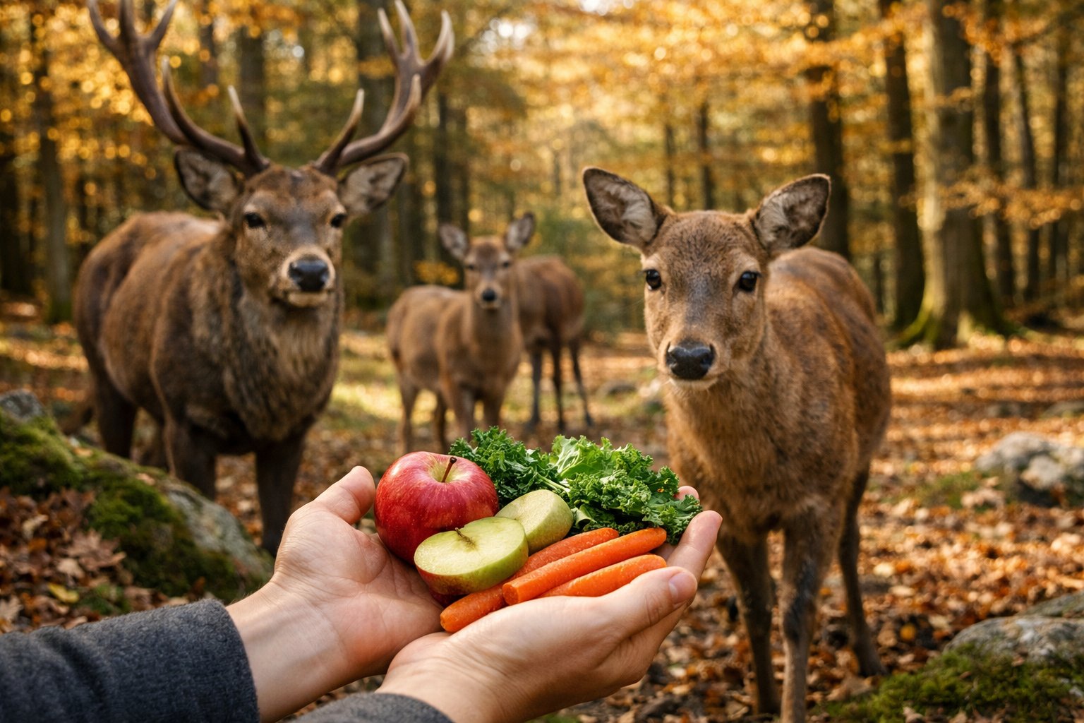 A person feeding wild deer apples and carrots in a peaceful autumn woodland in the UK.