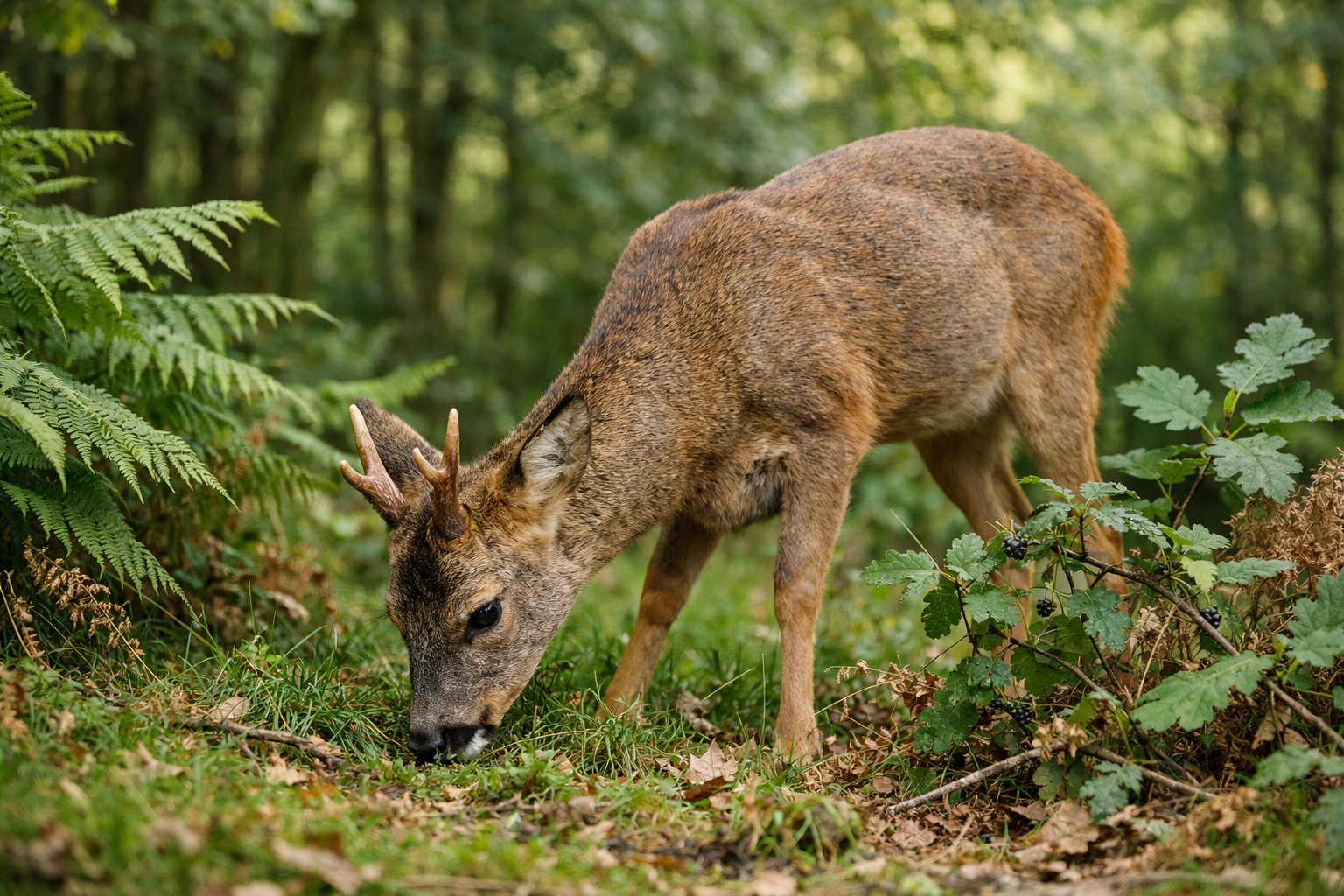 A wild deer grazing on plants in a green UK woodland during daylight.