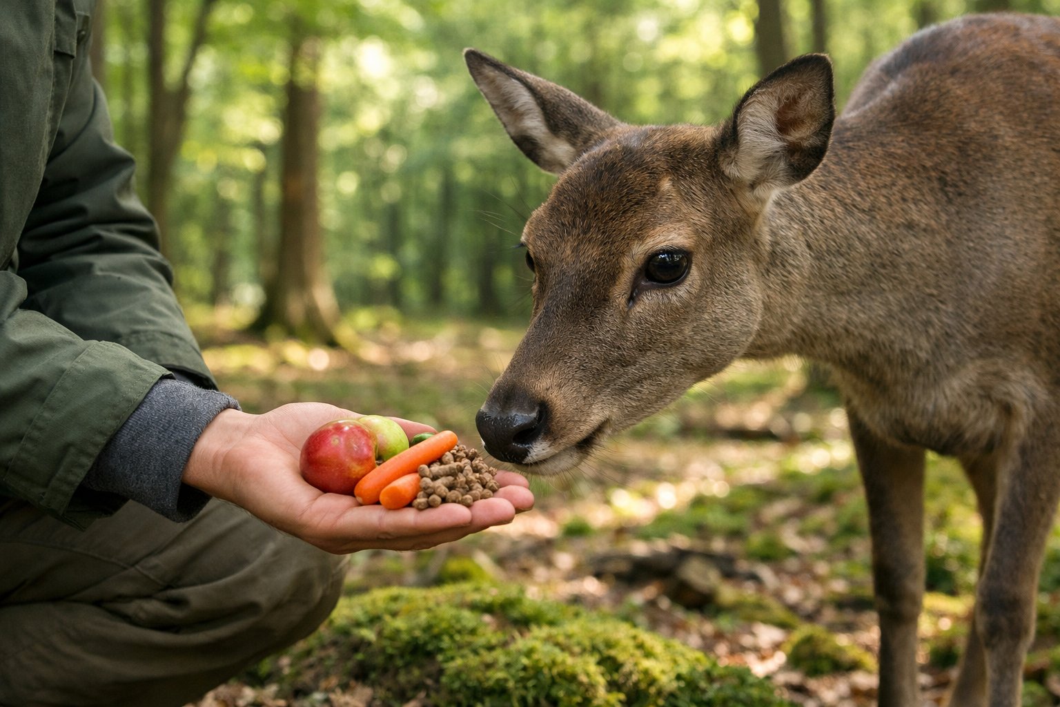 A person feeding a wild deer safe food in a green woodland setting in the UK.