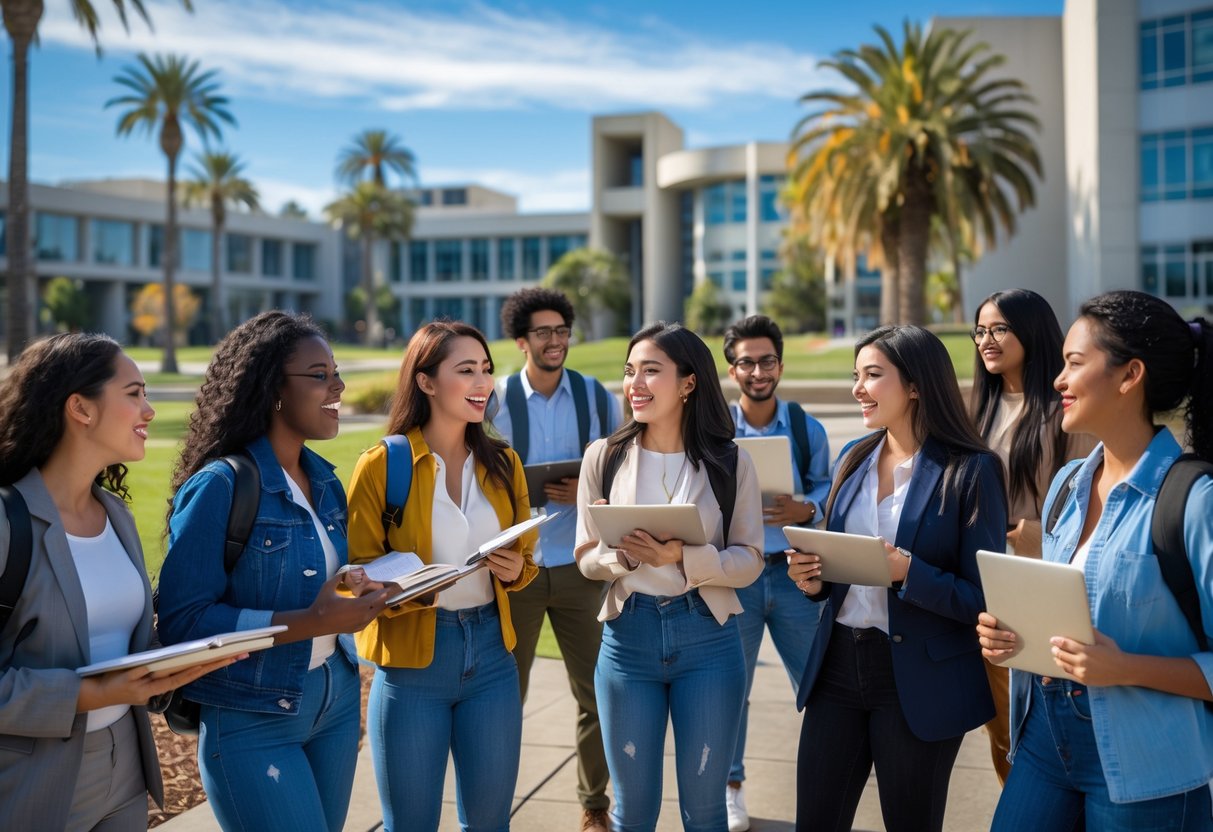 A diverse group of college students talking and studying together outdoors on a university campus with modern buildings and palm trees in the background.