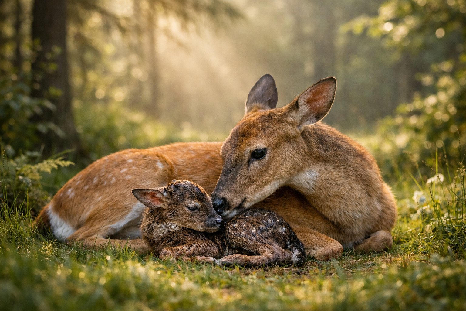 A mother deer lying in a forest clearing with a newborn fawn resting beside her.