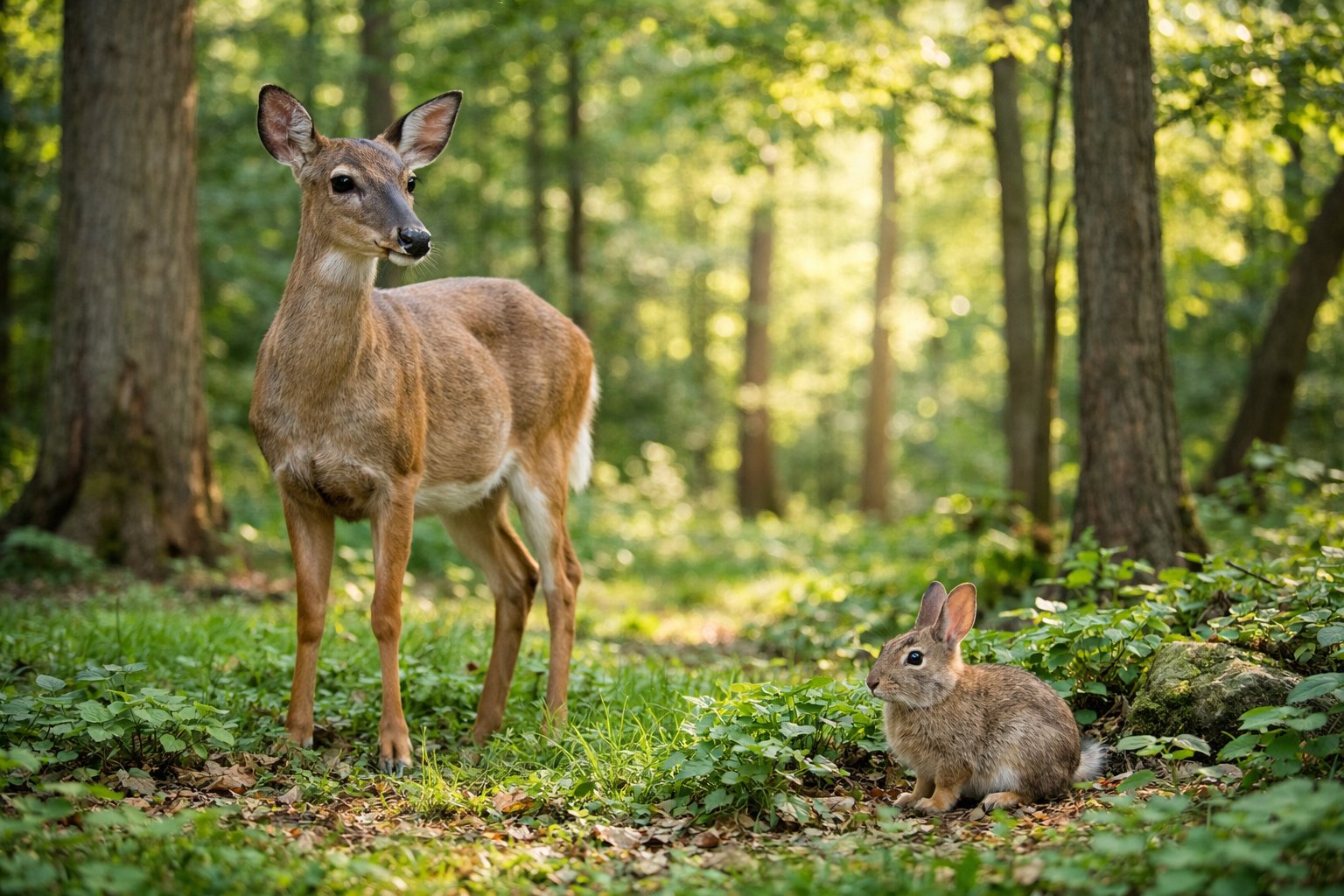 A deer and a rabbit peacefully coexist in a sunlit forest clearing.