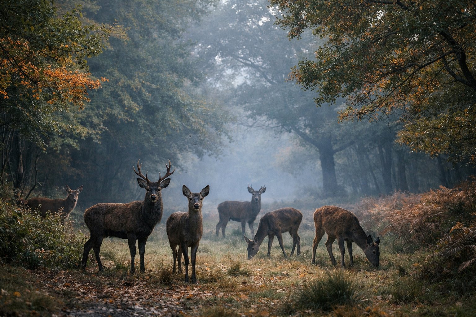 A group of deer in a UK forest at dawn or dusk, surrounded by trees with green and autumn-colored leaves.
