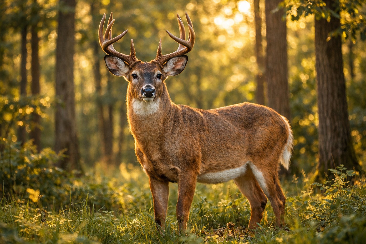 An adult deer standing in a sunlit forest surrounded by trees and greenery.
