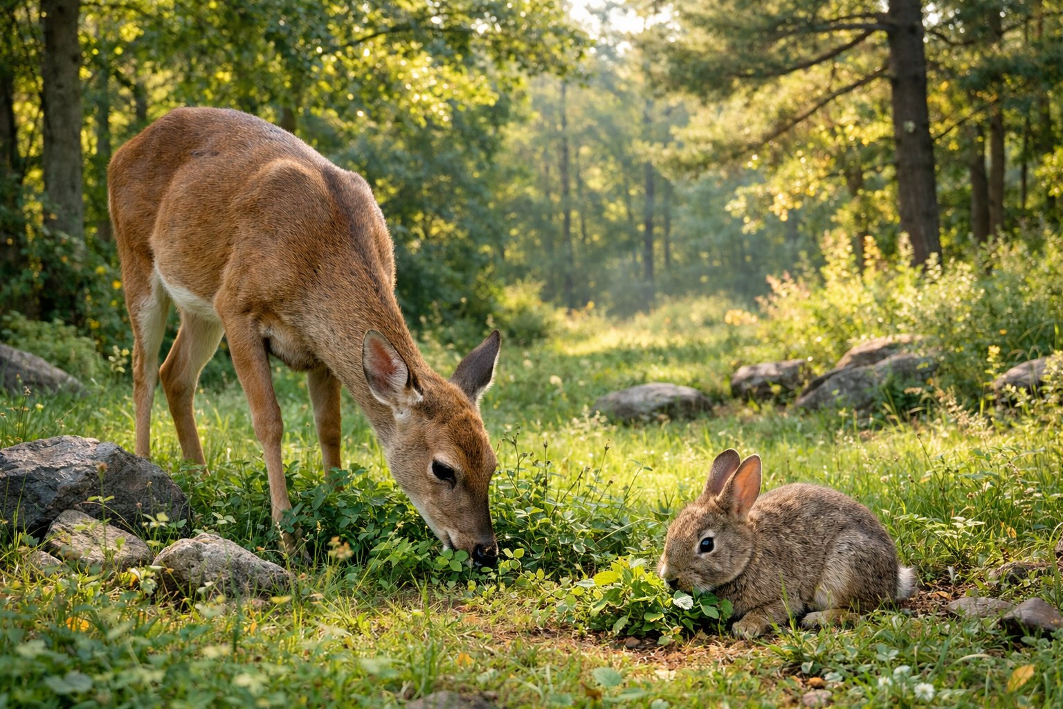 A deer grazing on grass near a rabbit eating plants in a forest clearing.