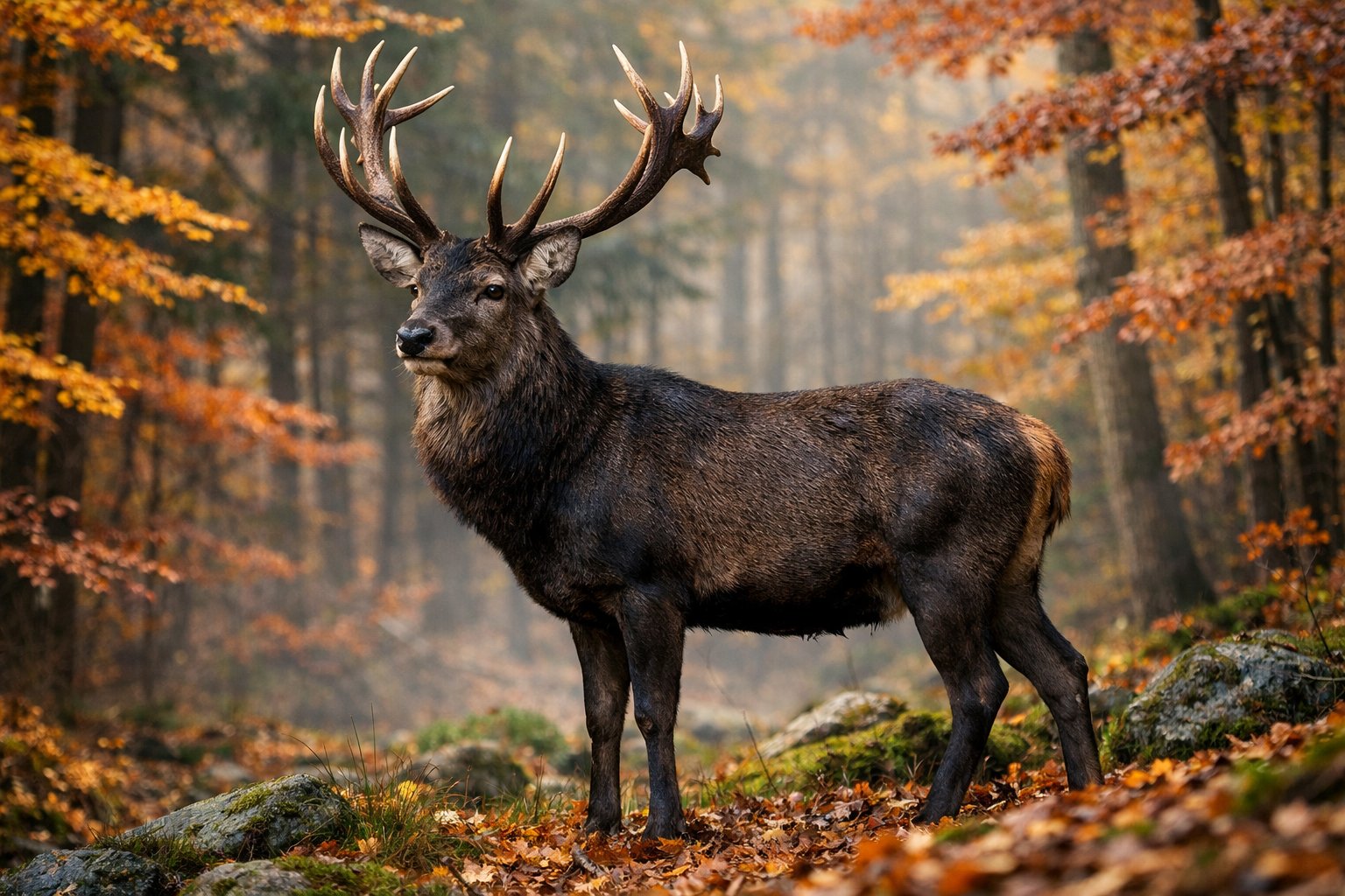 A deer with a darkening coat stands in a forest surrounded by autumn leaves.