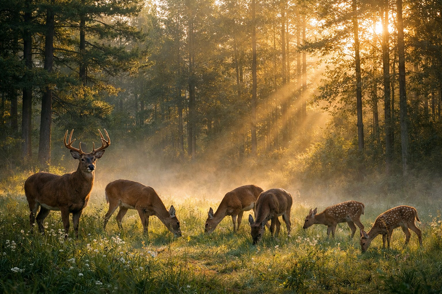 A group of deer grazing peacefully in a misty forest at dawn with sunlight filtering through the trees.
