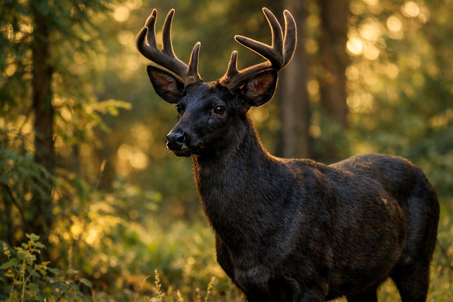 A dark-colored deer standing alert in a green forest with sunlight filtering through the trees.
