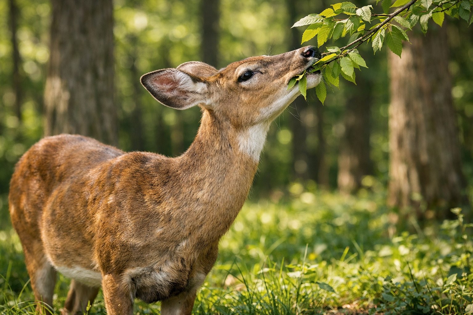 A deer eating green leaves from a tree branch in a forest.