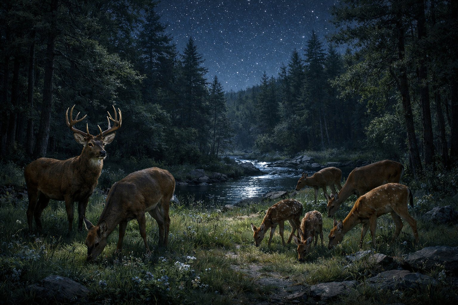 A group of deer grazing and moving quietly in a moonlit forest clearing at night.
