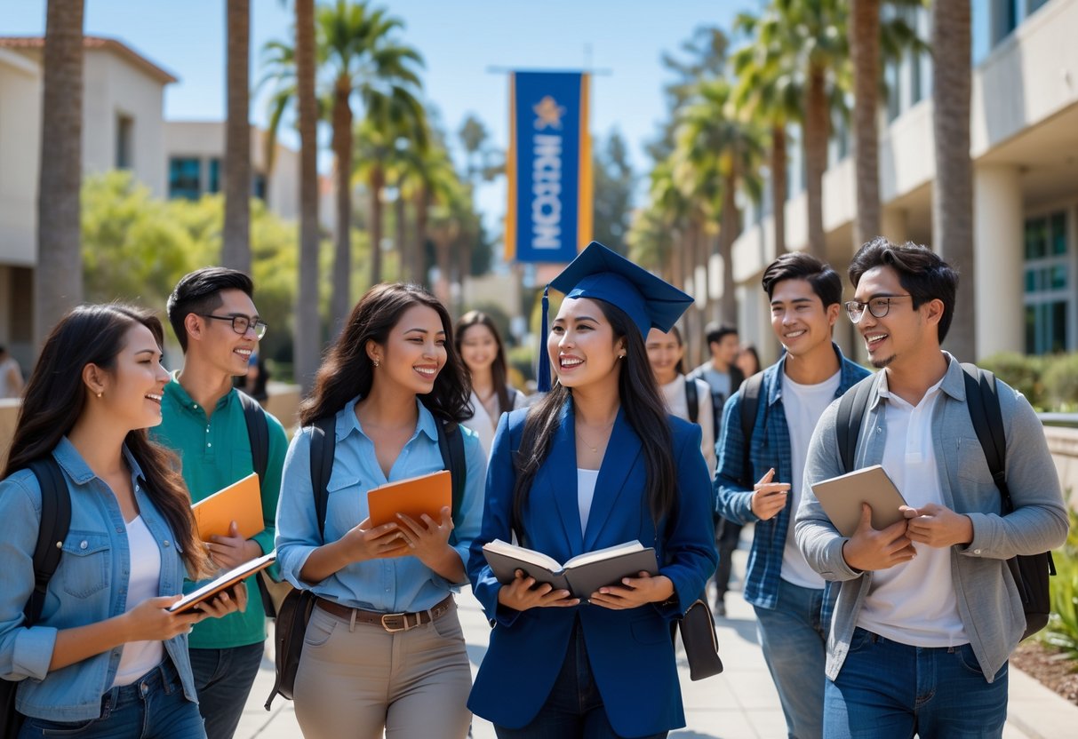 A group of diverse university students talking and holding books on a sunny campus with modern buildings and palm trees in the background.