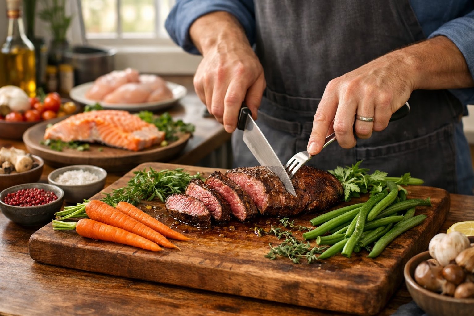 A person slicing cooked deer meat on a cutting board in a kitchen with fresh vegetables and other food items nearby.