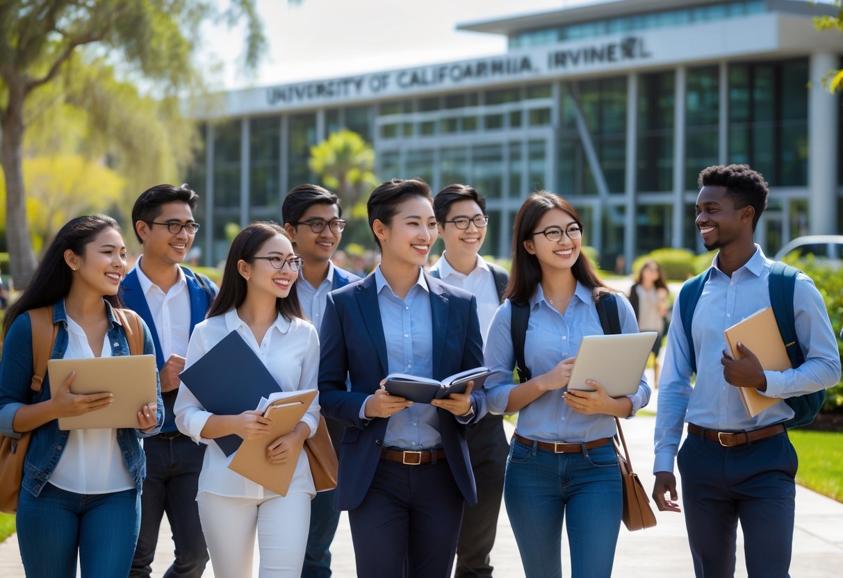 A diverse group of international graduate students studying and talking together outdoors on a university campus.