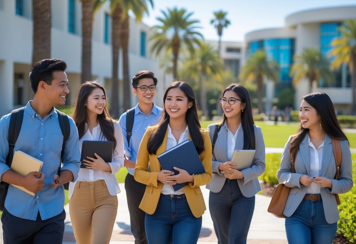 A group of diverse graduate students talking and smiling outdoors on a university campus with modern buildings and palm trees in the background.