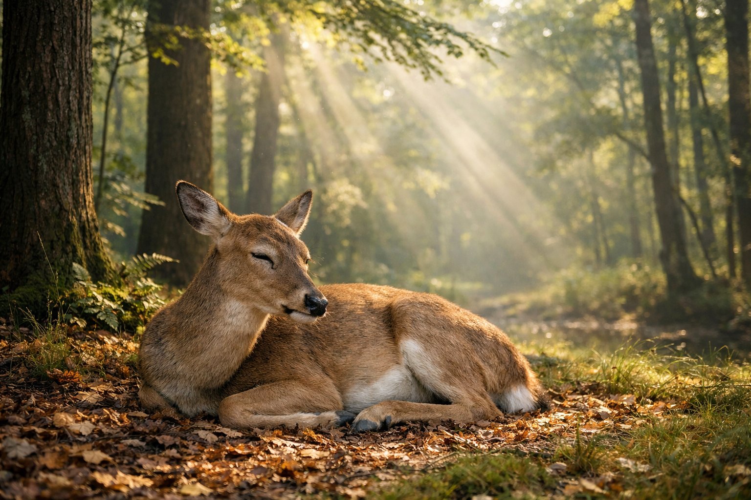 A deer lying down with eyes closed in a forest surrounded by trees and greenery.