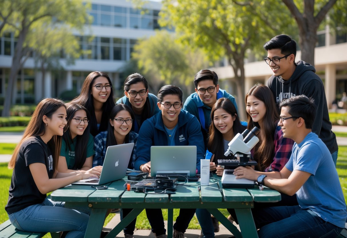 A diverse group of university students working together on STEM projects outdoors on a sunny day at a university campus.