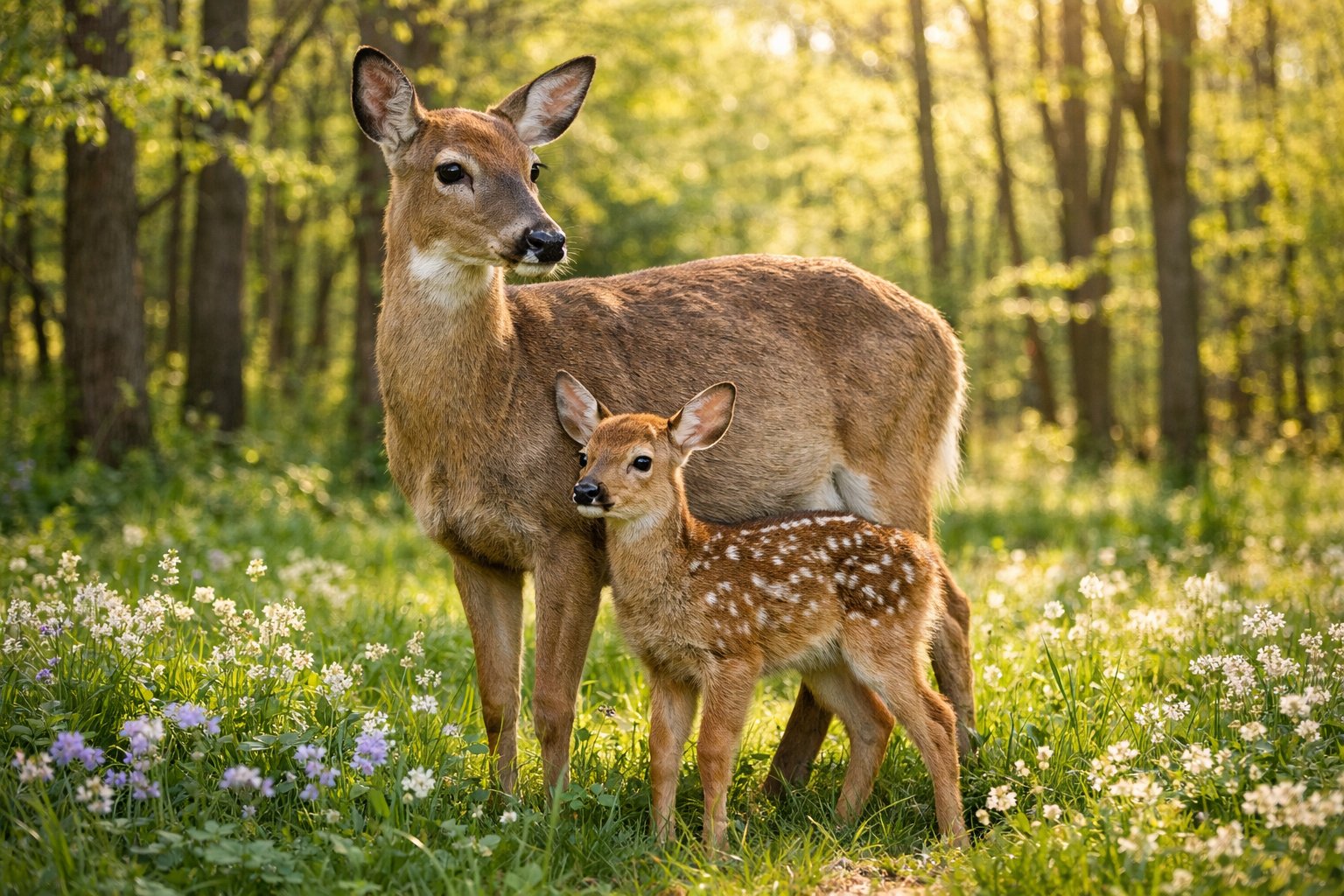 A mother deer standing protectively next to her young fawn in a sunlit forest clearing.