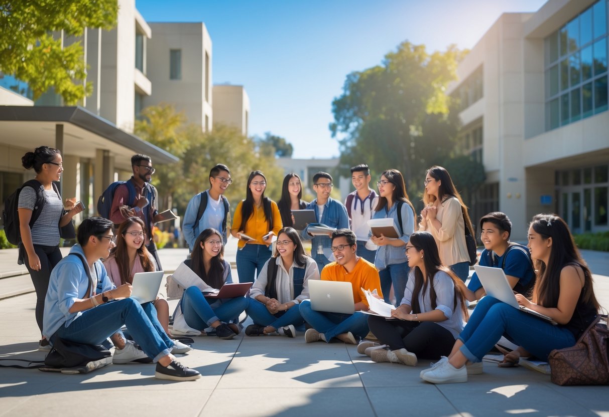 A diverse group of university students studying and talking together outdoors on a sunny campus with modern buildings and greenery.
