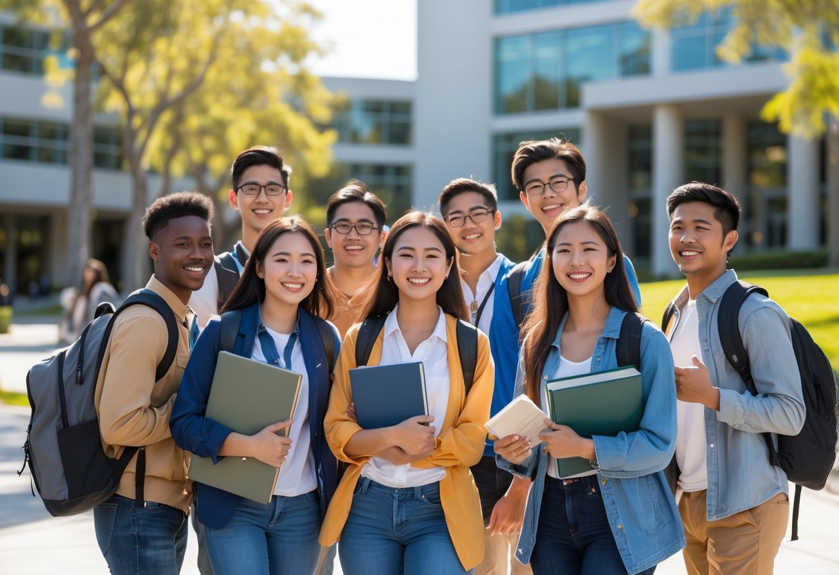 A group of diverse undergraduate students smiling and standing outside on a university campus with modern buildings and greenery in the background.