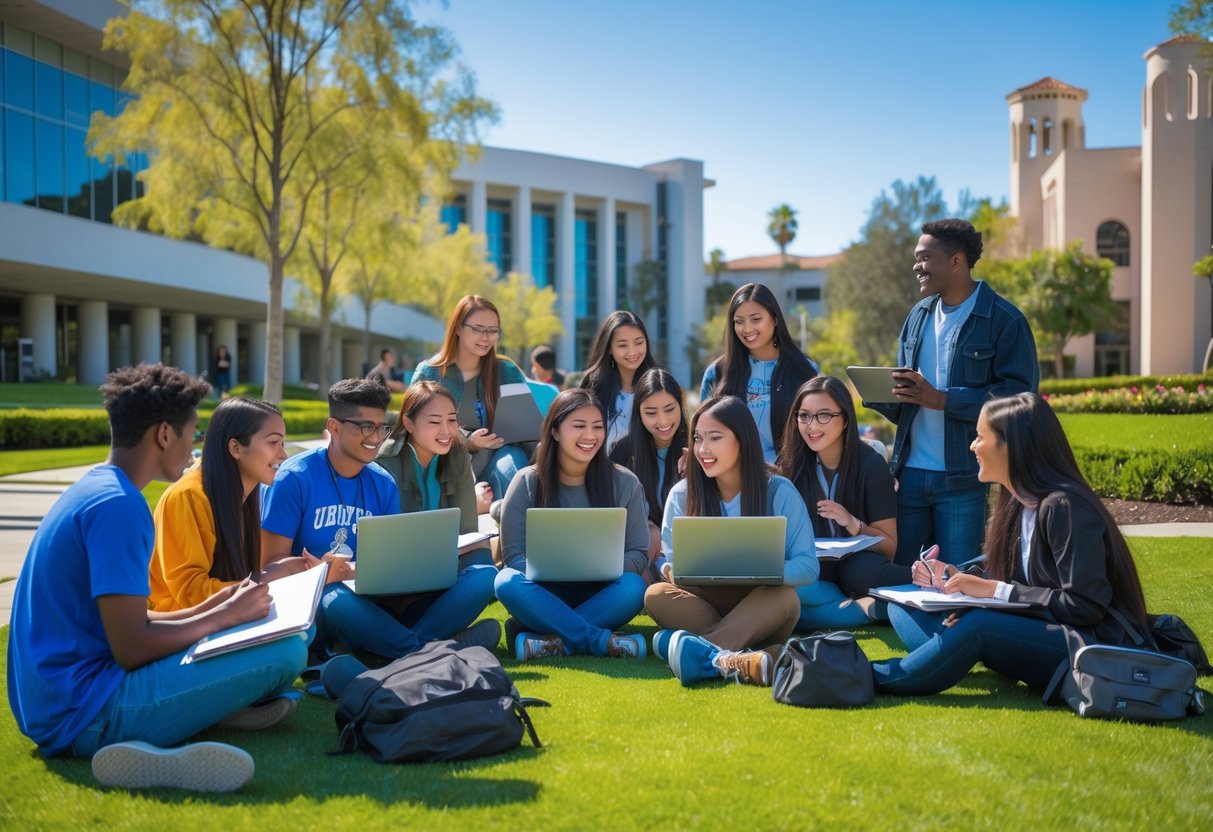 A diverse group of college students studying and collaborating outdoors on a university campus with modern buildings and green landscaping.