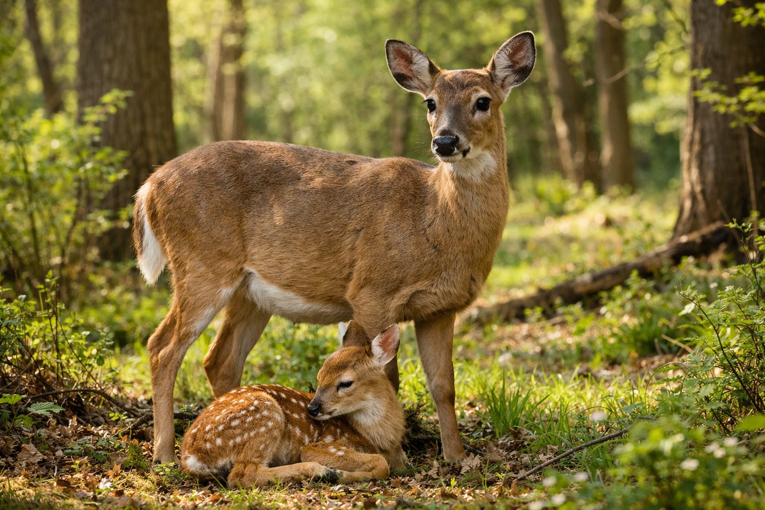 A female deer standing in a forest with a young fawn resting nearby among green plants.