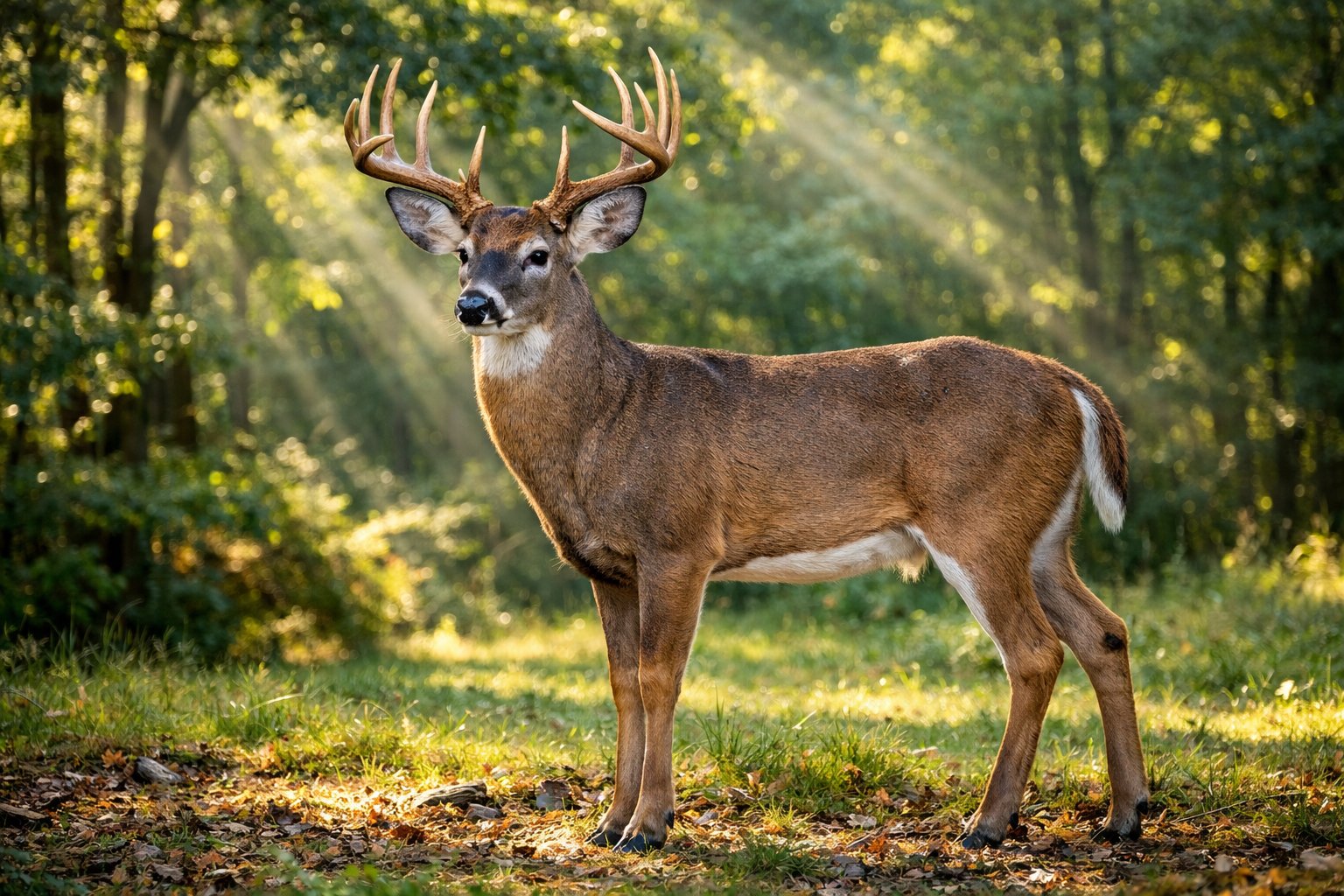 A fully grown adult deer standing in a sunlit forest clearing surrounded by green foliage.