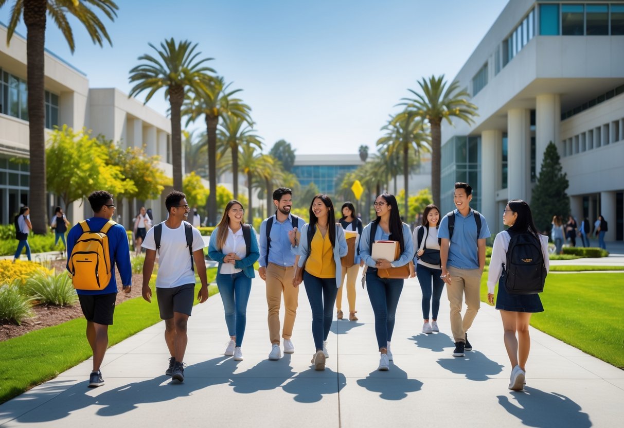 Diverse students walking together on a sunny university campus with modern buildings and green landscaping.