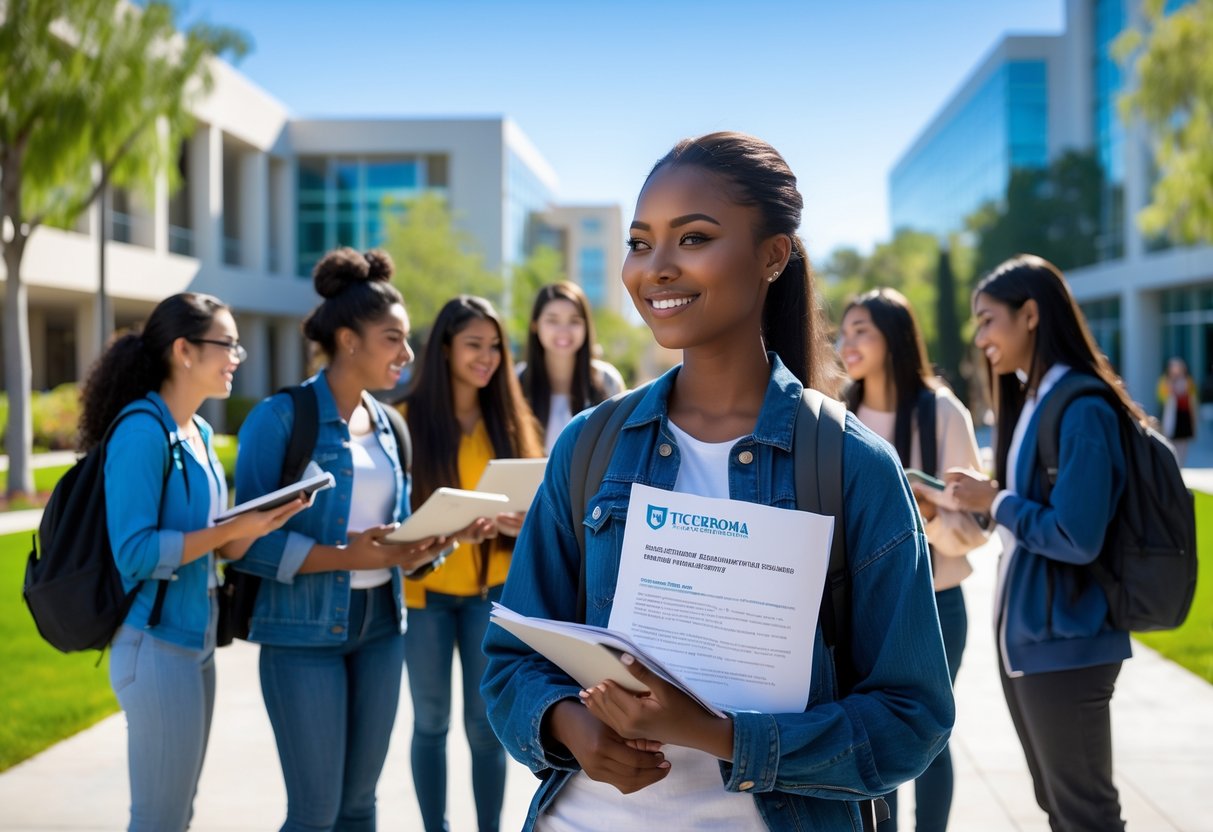 A diverse group of college students studying and talking together outdoors on a university campus with modern buildings and trees in the background.
