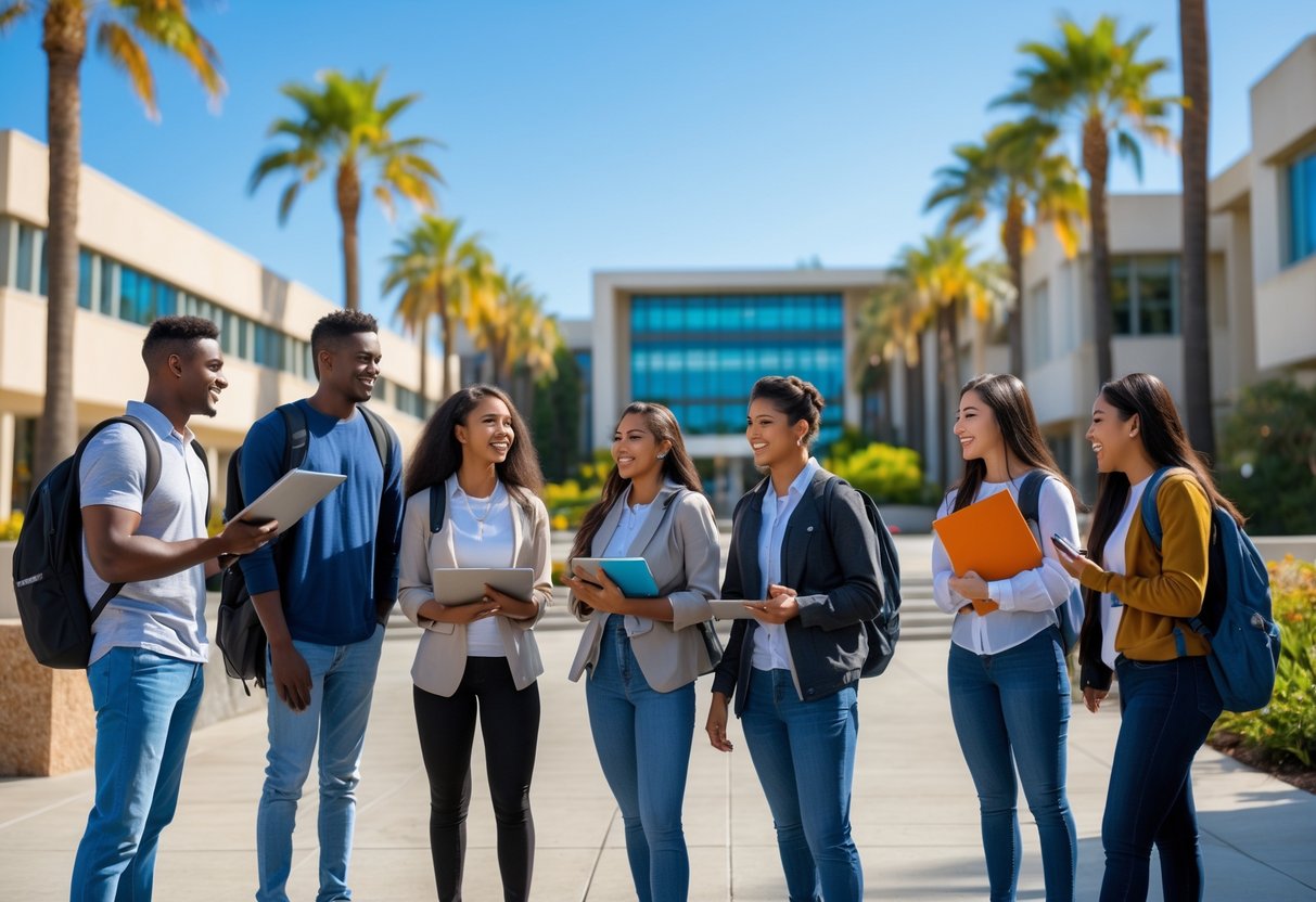 A diverse group of university students talking together outdoors on a sunny day at a modern campus with palm trees and buildings in the background.