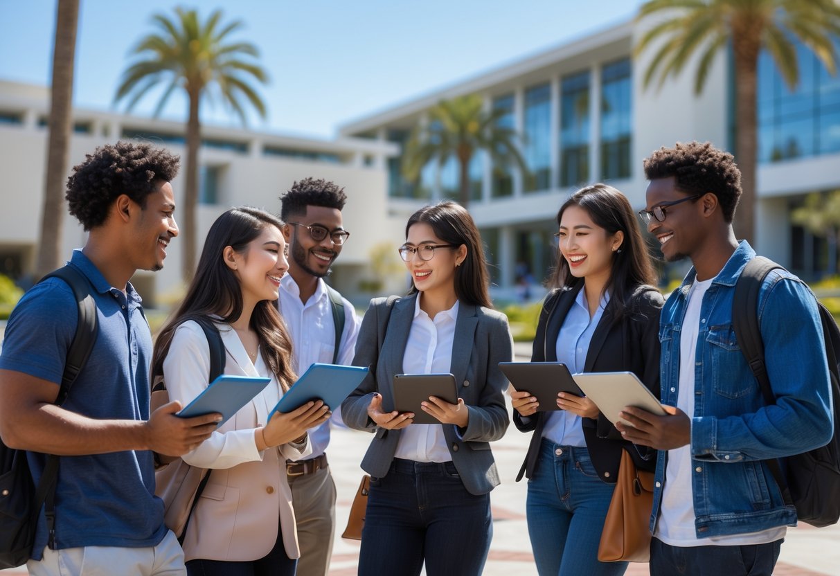 A diverse group of university students studying together outdoors on a sunny day at a modern campus.