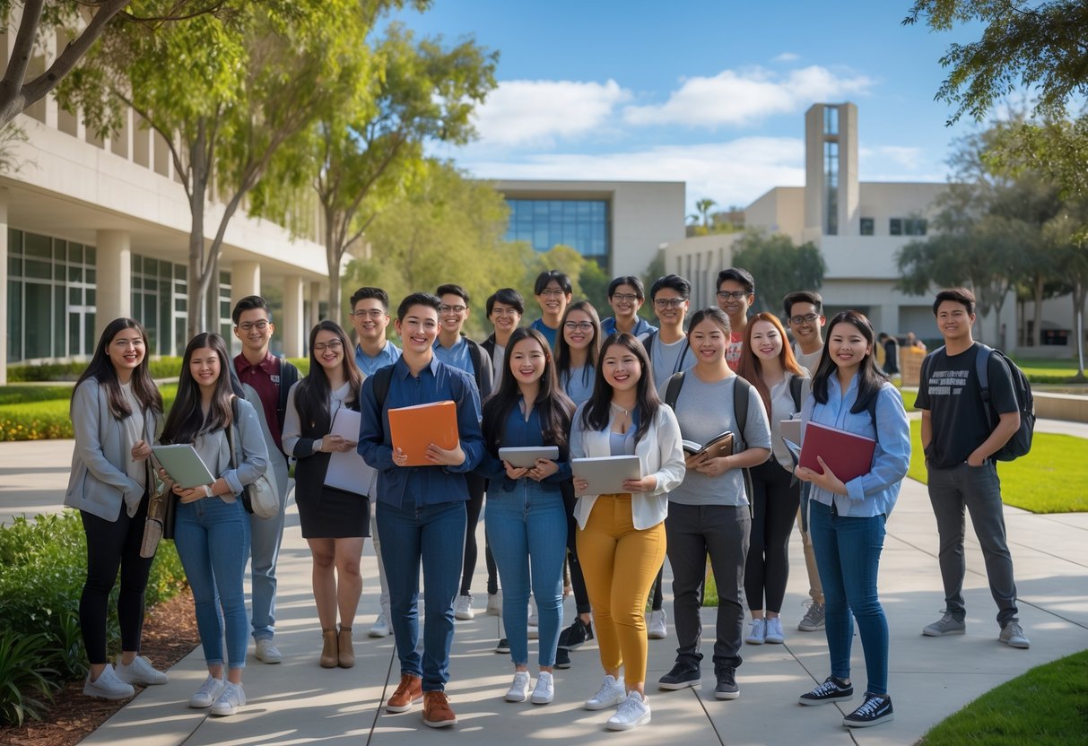 A diverse group of university students studying and smiling together outdoors on a sunny day at a modern university campus.