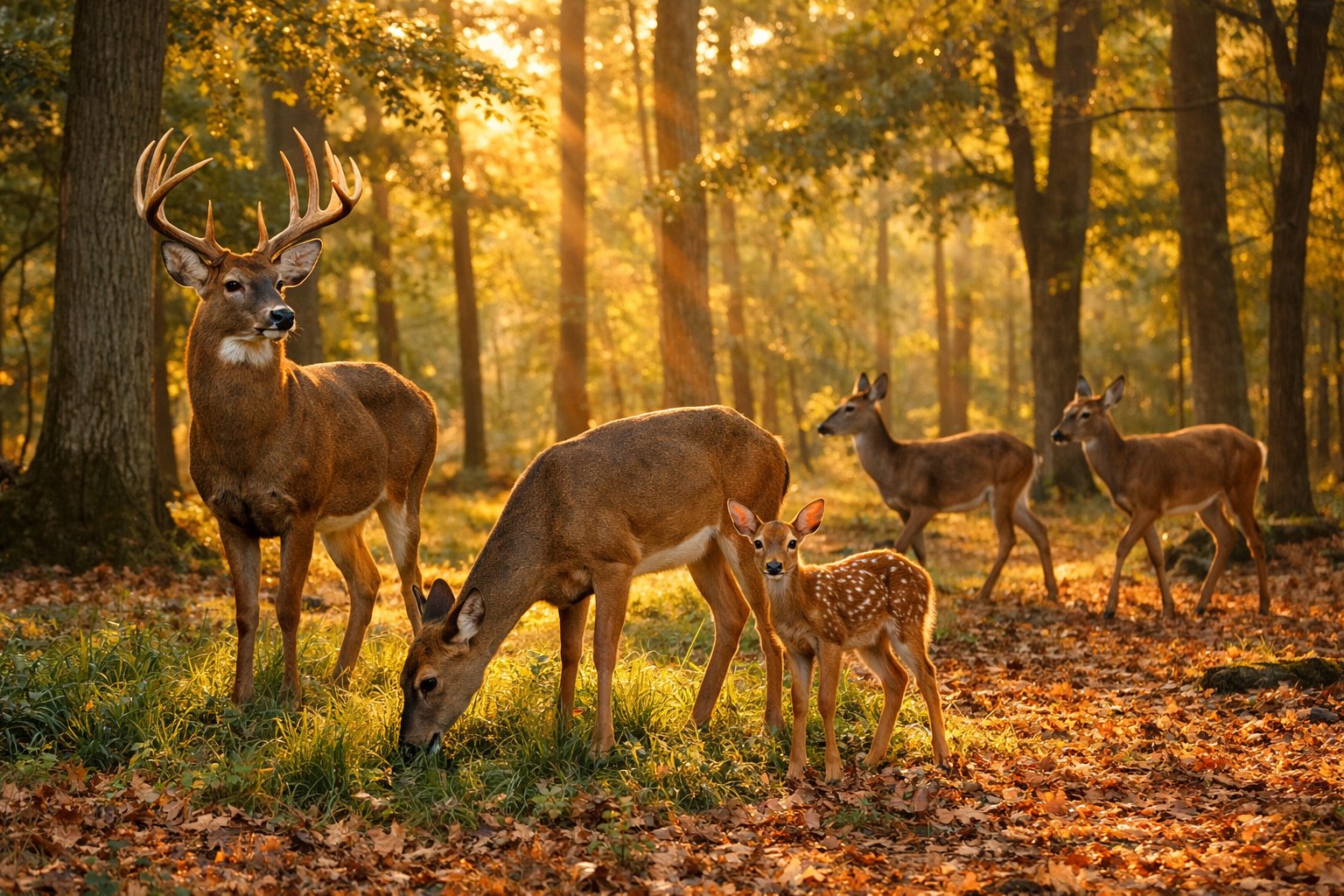 Five deer in a forest clearing with sunlight filtering through the trees, including a buck, a doe, and a fawn.