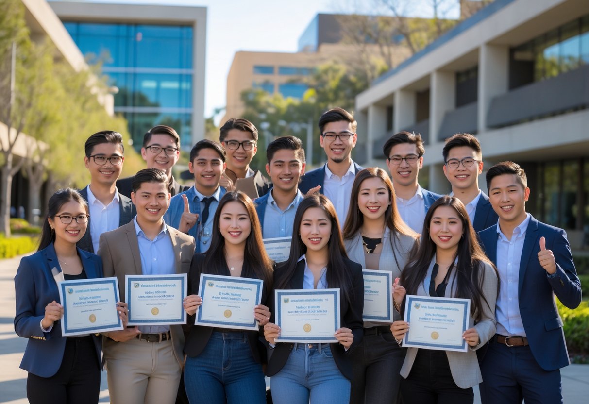 A group of diverse university students celebrating scholarships outdoors on a sunny university campus.