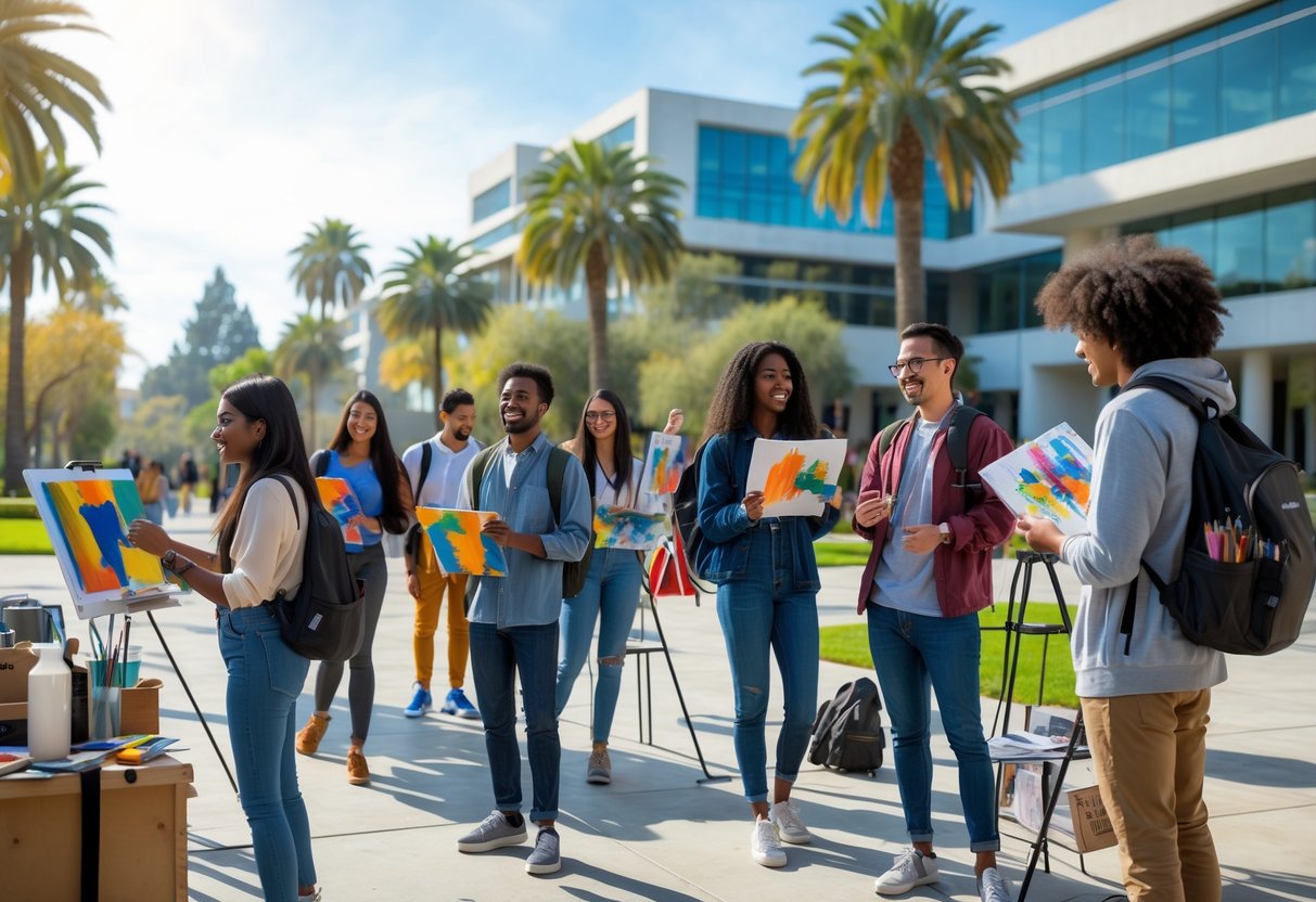 A diverse group of university students engaged in creative activities outdoors on a sunny university campus.