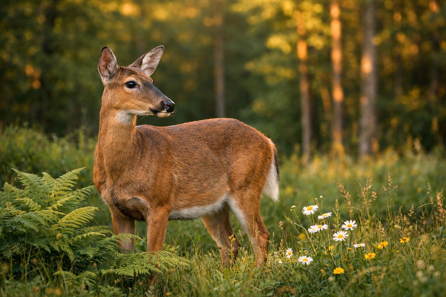 A deer standing alert in a forest clearing surrounded by green plants and trees.