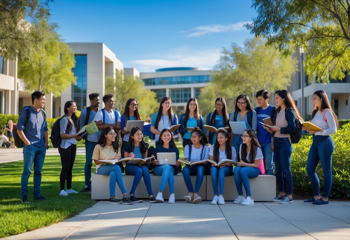 A group of diverse university students studying together outdoors on a sunny day at a university campus with modern buildings and trees in the background.