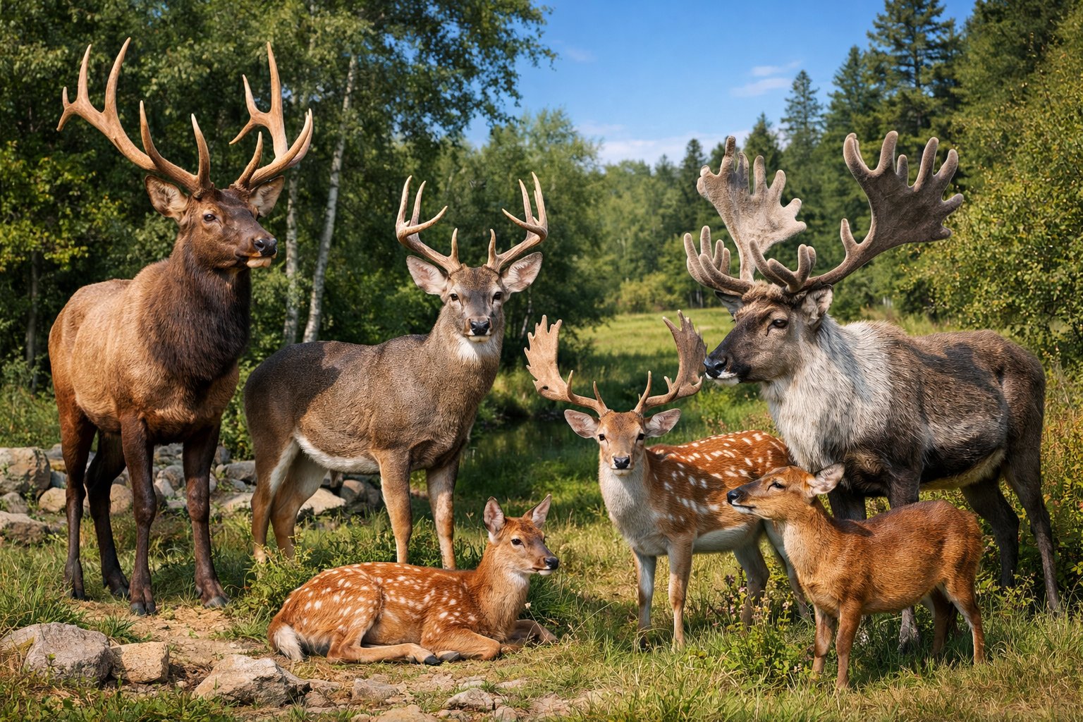 Five different species of deer in a forest clearing with trees and grass, some grazing and some standing alert.